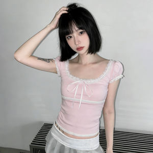Fresh Pink Lace Trim Square Neck Bow Tie T Shirt Puff Sleeve Short Sleeve <b>Top</b> Cute Playful Summer Tee - Product Image 1