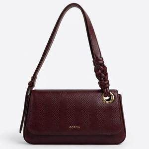 Sac à bandoulière en cuir PU pour femme, bordeaux, texture chevrons, avec rabat et poignée supérieure, sangle tressée, style bandoulière, sac de mode quotidien - Product Image 1