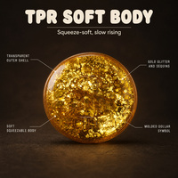 Jouet à presser en TPR souple à motif cube de pièce d'or porte-bonheur, avec poudre dorée et symbole dollar, à récupération lente