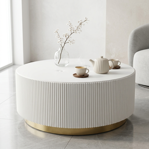 Jm Modern Round Fluted Coffee Table White Mdf Metal Base Living Room Office Furniture Minimalist Design - Product Image 4