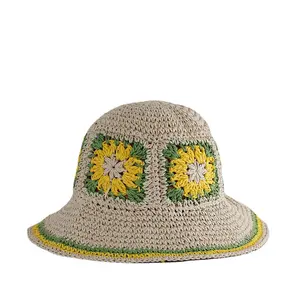 قبعة صياد شمس على الطراز البوهيمي بردية قابلة للطي على شكل عشب الشاطئ قبعة زهور محبوكة