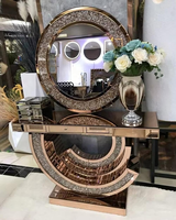 2pcs table console en verre miroir doré et ensemble de miroirs ronds