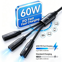 Cangkang Aluminium Paduan Kabel Nilon Terjalin 3 in 1 Type C Splitter PD60W Pengisian Cepat + Hub OTG Type C untuk Tablet Komputer Ponsel