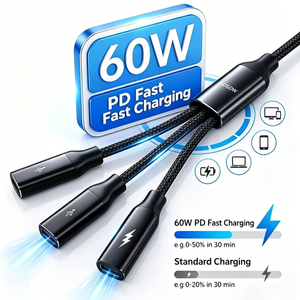 合金铝壳尼龙编织三合一 Type c 分线器 PD60W 快速充电 + OTG Type c 集线器 适用于平板电脑、电脑、手机 - Product Image 1