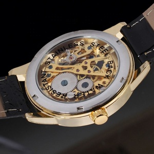 Luxury Vintage <b>Skeleton</b> Mechanical <b>Watch</b> for Men Gold Open Work Dial Black Leather Strap Mechanical Wristwatch - Product Image 6