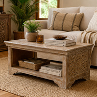 Table basse en bois massif sculptée à la main avec étagère de rangement ouverte – Finition naturelle rustique