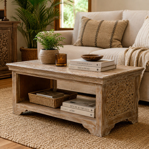 Hand-Carved Solid Wood Coffee <b>Table</b> with Open Storage Shelf – Rustic Natural Finish - Product Image 1
