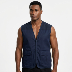 Chaleco sin Mangas Azul para Hombre con Múltiples Bolsillos, Cuello en V Transpirable, Corte Regular, Color Sólido, Ropa Casual de Verano - Product Image 3