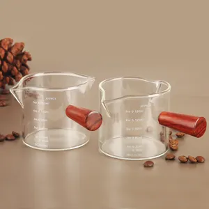 BCnmviku 42/5 أونصة زجاج قياس مزدوج مع مقبض خشبي زجاج بوروسيليكات شكل منخفض إكسسوارات لصلصة القهوة