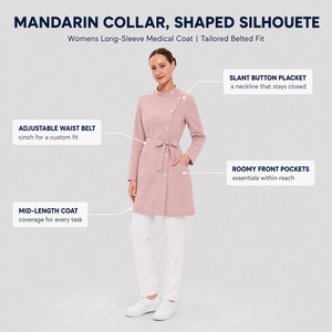 Bata Médica Personalizada para Mujer con Cuello Mandarín, Manga Larga, Cinturón, Uniforme de Enfermera, Túnica para Clínica Estética y Hospital, Logotipo OEM - Product Image 5