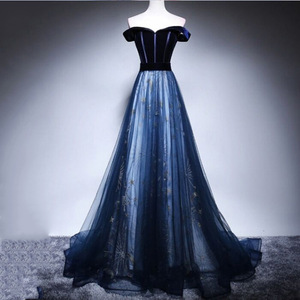 Evening Gown Women Long Navy Blue Off The Shoulder Empire Waist Tulle Dress Elegant Performance Trailing Gown - Product Image 1