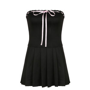 Robe plissée femme style français à blocs de couleur, épaules dénudées, taille nouée, coupe ajustée, pour l'été, vente en gros - Product Image 6