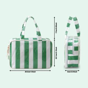 Sac cosmétique en PVC rayé vert et blanc, capacité moyenne, fermeture à glissière, poignée souple, style moderne, résistant à l'eau - Product Image 3