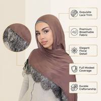 Hijab en viscose modal de luxe Nuosha OEM 190x80cm, bordure en dentelle exquise, détail floral élégant, foulard musulman