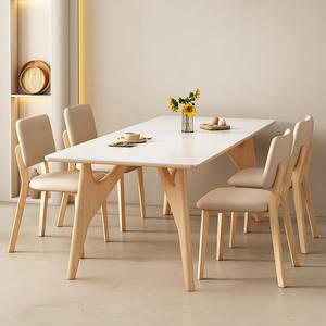 Table à manger en bois massif couleur crème avec 4 chaises, ensemble de salle à manger rectangulaire moderne minimaliste nordique - Product Image 3