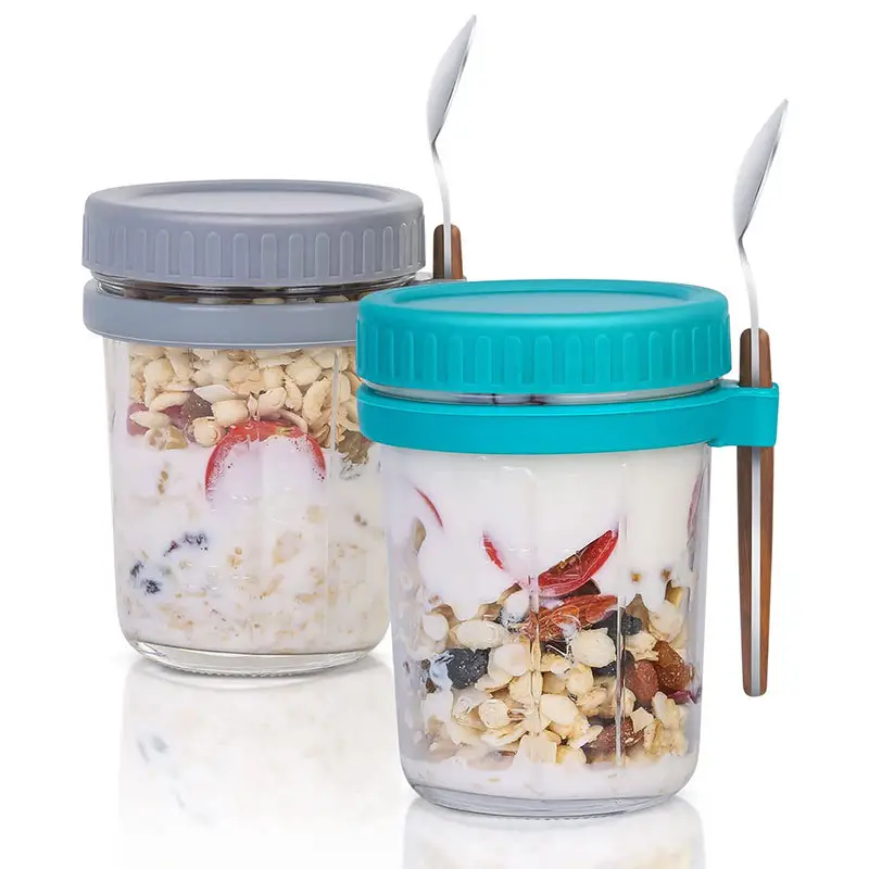 KesaPlan Overnight Oats Containers with Lid and Spoon Set of 2, 10 oz Large Airtight Capacity Overnight Oats Jars with Measureme