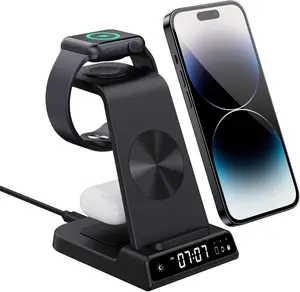 Wireless Charger 4 in 1 with Digital Clock Wireless Charging Station for iPhone 14/13/12/11/X for Apple Watch 8/7/6/5 Air Pods