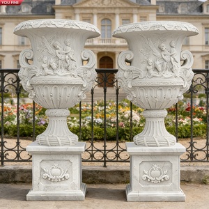 YOUFINE Urne de jardin en granit naturel sculptée à la main, paire de jardinières classiques cannelées sur piédestal pour entrée d'hôtel - Product Image 4