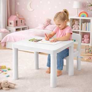 Tavolo quadrato bianco 50x50x47 cm in plastica resistente per bambini, uso interno ed esterno - Product Image 5