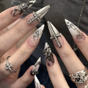 Faux Ongles Gothiques Stiletto à Coller, Design 3D Croix Strass Dentelle, Ongles Réutilisables Style Punk pour <span class=keywords><strong>Femme</strong></span>, Kit d'Art Ongulaire Rock Punk 4395 - Product Image 1