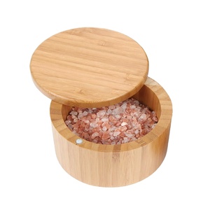 Bamboo Salt Pepper Box Container Wood Spice Box Swivel Lid Bamboo spice jar Round Storage Box with Magnetic