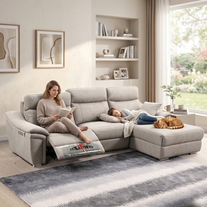 Modern Fabric Fabric Living Room Grey L Shape Power Reclining Sectional with Chaise Set - Product Image 2