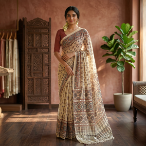 Robe de soirée premium pour femme en semi-soie modale, ornée de broderies miroir et d'un bordure richement décorée de latkan, longueur cheville, infroissable et extensible - Product Image 1