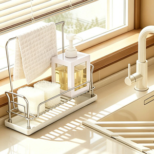 304 Stainless Steel Kitchen Dishcloth Drainer Rack L-Shaped Multi Function Sink Window Sill Storage Organizer for Towels Sponges - Product Image 1
