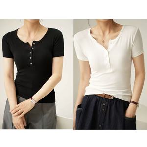 RUICHI Henley Neck Button Slim Fit Tee, Modal Stretch Regular Shoulder Plus Size Casual Basic Short Sleeve <strong>Top</strong> For Ladies - Product Image 5