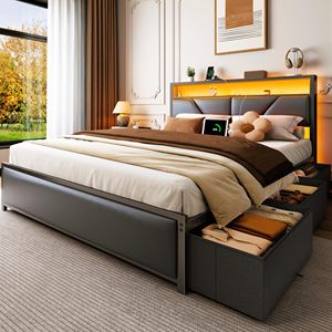 <span class=keywords><strong>Letto</strong></span> matrimoniale postmoderno in <span class=keywords><strong>ferro</strong></span> resistente con <span class=keywords><strong>testiera</strong></span> a 2 livelli e 6 cassetti in tessuto, piattaforma imbottita in ecopelle PU - Product Image 1