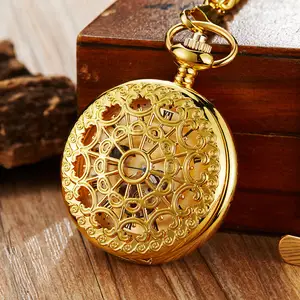 Golden Mechanical Pocket Watch Hand Wind Fob Watches Roman Numerals Moon Shape Hollow Dial Skeleton Clock Chain for Men Women
