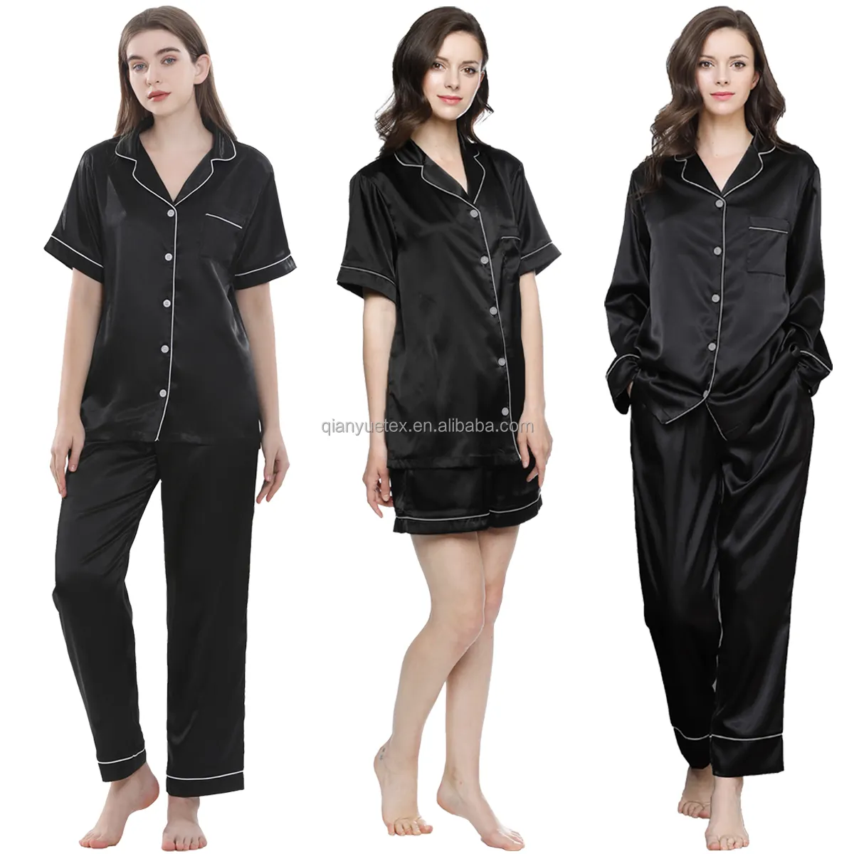 Pijamas femininos, pijamas para mulheres, calças curtas, cetim de seda, conjunto de roupa de dormir