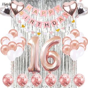 Set de Decoración para Fiesta de <span class=keywords><strong>16</strong></span> Años, Pancarta de <span class=keywords><strong>Feliz</strong></span> <span class=keywords><strong>Cumpleaños</strong></span>, Globos de Número <span class=keywords><strong>16</strong></span> en Oro Rosa, Cortina de Lluvia Plateada E3016 - Product Image 5