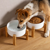 Rak Tempat Makan Hewan Peliharaan Premium dari Bambu Solid, Model Tinggi dengan Empat Kaki, untuk Anjing dan Kucing, Dapat Digunakan Sebagai Pot Bunga Amerika