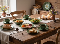 Service de table en céramique vert foncé à motifs floraux - Vaisselle sur le thème de la forêt, bols à soupe et assiettes élégants pour un usage quotidien à la maison