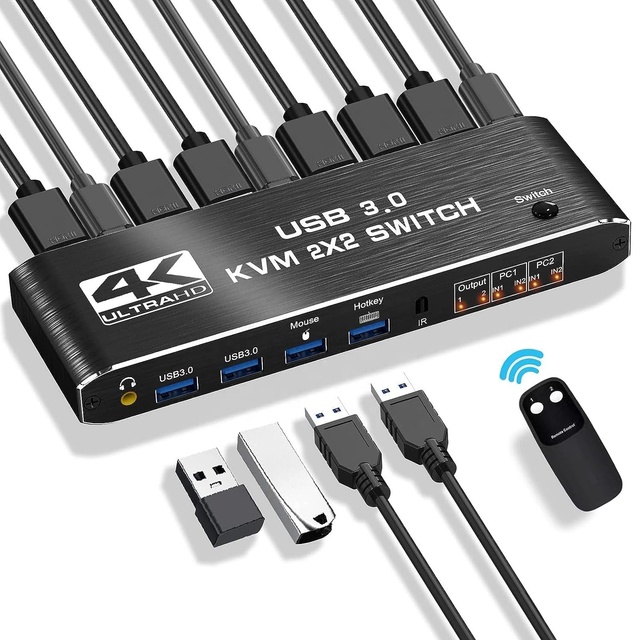SYONG  4K60Hz HDMI KVM Switch 2 Monitors & 2 Computers USB3.0 2x2 Audio Video Accessory with Extended Copy Mode Switchers