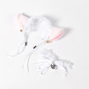Serre-tête oreilles de chat avec clochette et collier ras-du-cou noir, rose, blanc, nœud en dentelle pour femme, accessoires intimes - Product Image 2