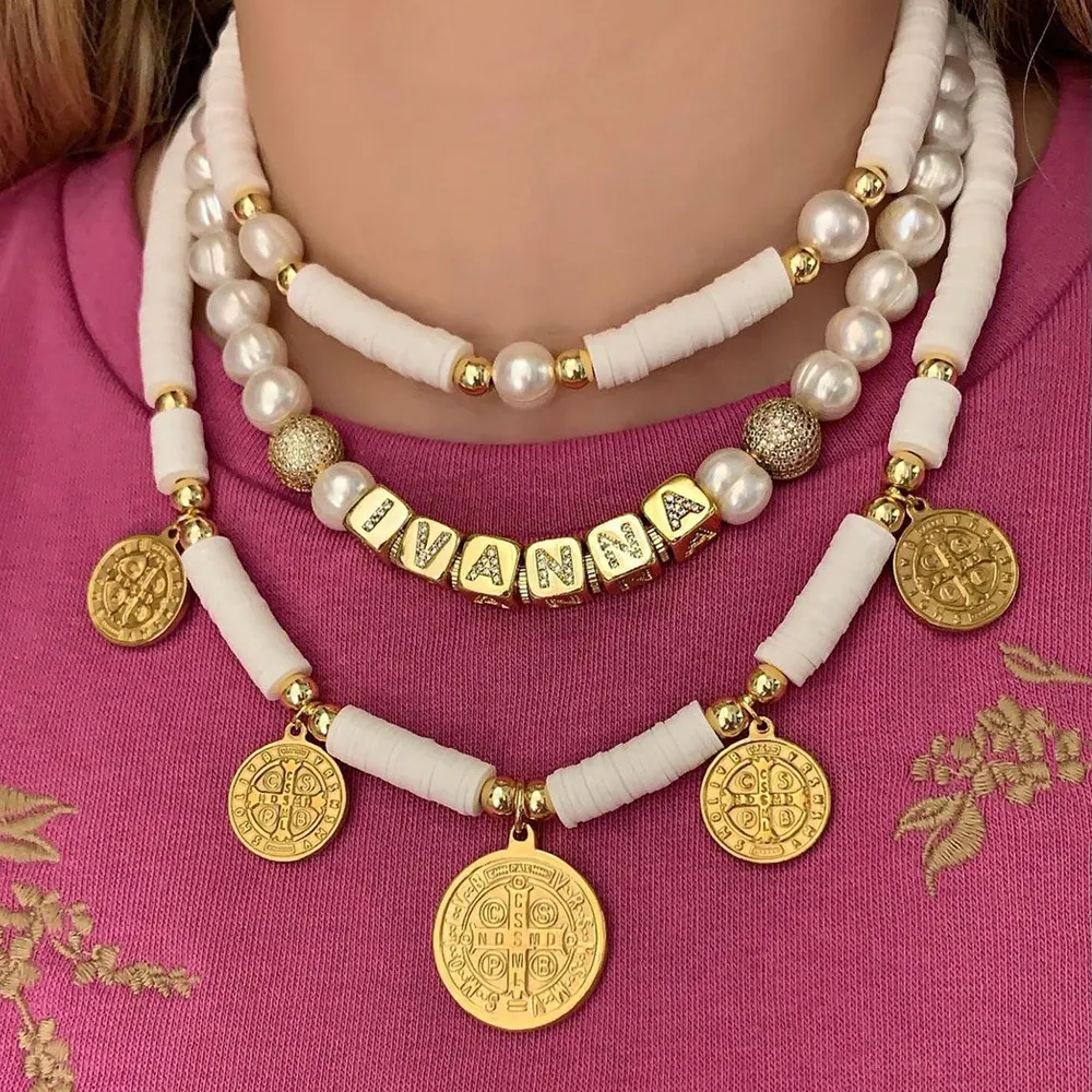 Collana con nome di perle d'acqua dolce naturale perline in Silicone fatte a mano ciondolo con medaglia di San Benito decorativo