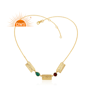 Collar de Piedras Preciosas Naturales, Diseño de Corteza de Árbol, Texturizado, Chapado en Oro, Collar de Plata 925, Joyería India - Product Image 1