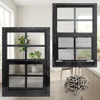 Ventana de marco negro de una sola hoja, montada a ras, ideal para casas modulares y estructuras horizontales de jardín.
