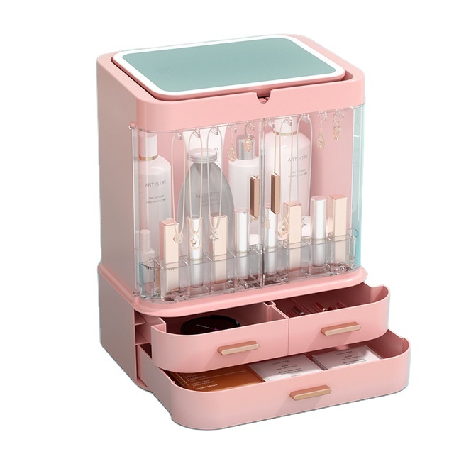 Multifunctional USB Rechargeable LED Lights Makeup Storage Box Portable Cosmetic Organiser Make up Storage Box with Mirror