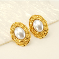Stud Vintage Chunky Créoles Acier Inox Acier Inoxydable 18k Plaqué Or Ovale Perle Bijoux De Mode Boucles D'oreilles pour les Femmes