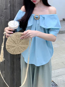 Ropa de mujer, moda de verano, informal, Color sólido, cuello oblicuo, para mujer, temperamento que combina con todo, cárdigan holgado versátil de manga corta - Product Image 4