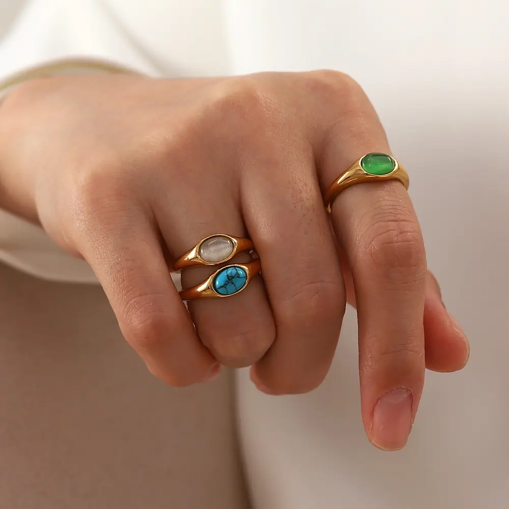 Wholesale Retro Hip Hop Style Stainless Steel Jewelry 18k Gold Mosaic White Opal Turquoise Ring For Women