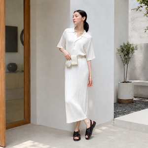 Hot Selling Elegant White Polo Collar Short Sleeve Vertical Rib Knit Midi <b>Dress</b> <b>Loose</b> Waist Tie Elegant Daily Women <b>Dress</b> - Product Image 5