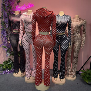 Bộ đồ nữ Xuân Y2K mới in họa tiết chấm bi, chữ cái, báo đốm, áo khoác có mũ, tay dài, quần loe 2 món - Product Image 2