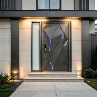 Portes d'entrée en aluminium au design moderne, éclairage élégant, gris, portes battantes pour villa, porte de maison au design tendance avec fenêtres latérales