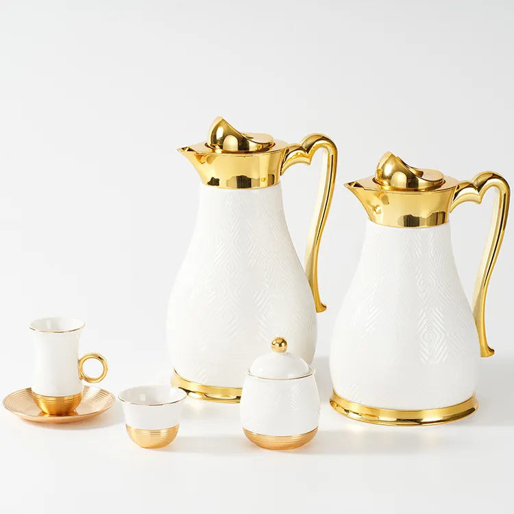 Royal elegante goffrato 27 pezzo in porcellana bianca caffettiera in ceramica cawa cup piattino da tè turco set da tè oro di lusso set da caffè e tè
