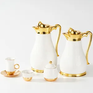 Royal Elegant Embossed 27pcs White Porcelain Coffee Pot Ceramic Cawa Cup Saucer Turkish Tea Set Luxury Gold Coffee Tea Sets