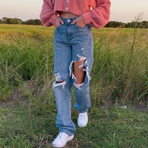 Pantalones Vaqueros de Mezclilla Transpirables Personalizados para Mujer, Corte Holgado, Cintura Alta, Diseño Asimétrico, Lavado a la Piedra, Rotos, Talla Grande - Product Image 2